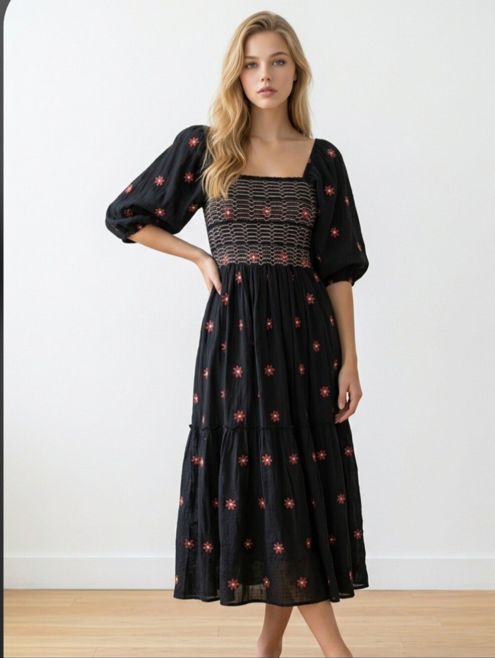 Similar 2 Free People Dahlia Embroidered Maxi Dress Gauzy Smocked Floral Black S